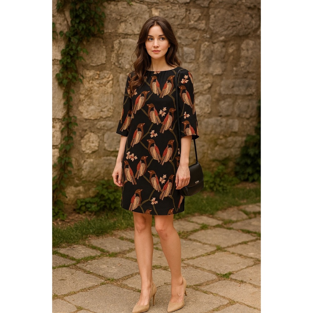 Fossil Dress XS Black Bird Print 3/4 Sleeve Casual Mini Aviary Romantic Nature